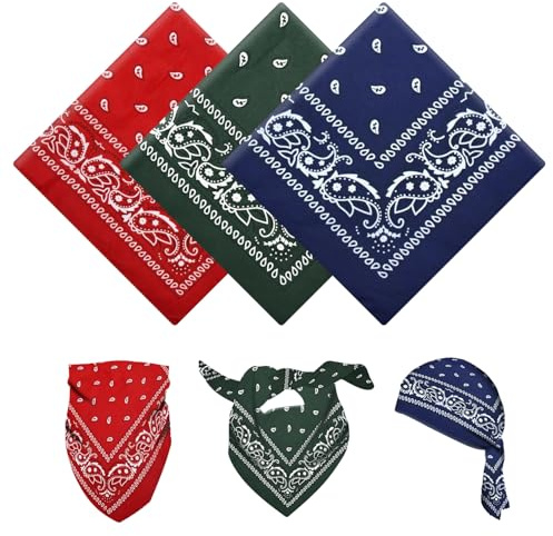 YAWYO Pack de 3 Pañuelos Bandana, pañuelos multiusos con estampado Paisley, cintas para el cabello unisex, accesorios de vaquero (Verde Oscuro, Rojo Brillante, Azul Marino)