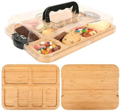 Charcuterie Board with Lid and Handle, Portable Wooden Cheese Board with 6 Compartments, Perfect for Charcuterie, Snacks, Fruits, Gift for Housewarming, Weddings, Picnics