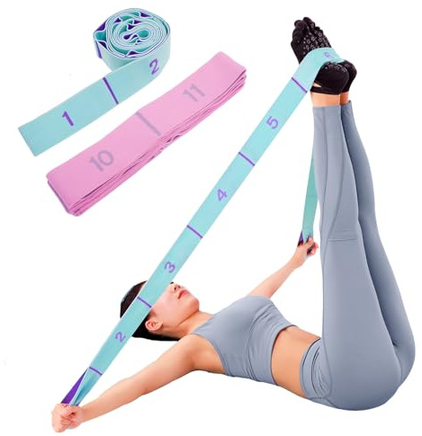 2-Pack Yoga Straps with 11 Loops - Adjustable Elastic Stretching Bands for Pilates, Dance, Ballet Gymnastics & Physical Therapy, Multifunctional Flexibility Exercise Equipment (Pink+Blue)