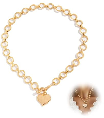 Gold Chunky Necklace Statement Hammered Heart for Women Jewelry Necklace | Chunky Gold Necklace Heart Pendant Chain Necklace Gold Necklaces Gold Necklace Chunky Jewelry Gift for Women Toggle Necklaces