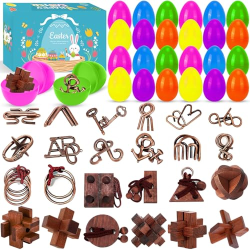 24 Stück Gefüllte Ostereier mit Knobelspiele, Bunt Vorgefüllte Kunststoff Ostern Eier mit verschiedenen Metall Knobelei und Holzk, 3D Puzzle, für Ostern Partyzubehör, Osterkorb Füllstoffe, Osternest
