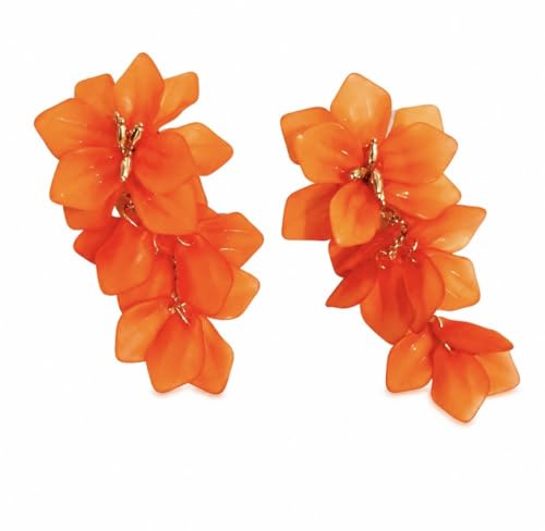 Blomsterhängande örhängen, orange, blomstil, skiktade kronblad med gulddetaljer