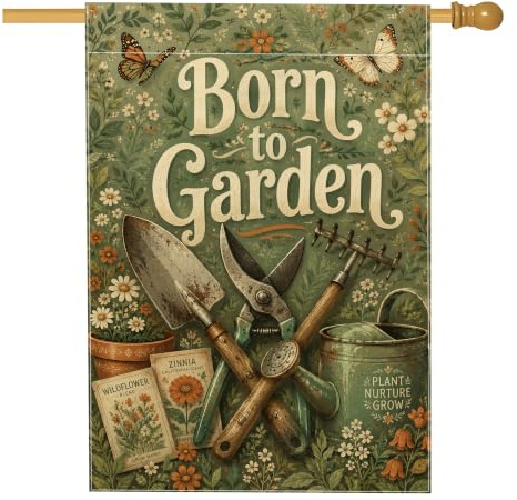 Bandiera per la casa degli attrezzi da giardino, vintage, rustica, con fiori e farfalle, in iuta verde primavera, su entrambi i lati, grande bandiera da giardino per esterni, prato, cortile, patio