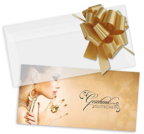 GESCHENKGUTSCHEINcom by POS-HAUER. Gutschein-Set. 25x Gutschein + Kuvert + Schleife. Für Kosmetikstudios Fingernagelstudio, blanko zum selber Ausfüllen.