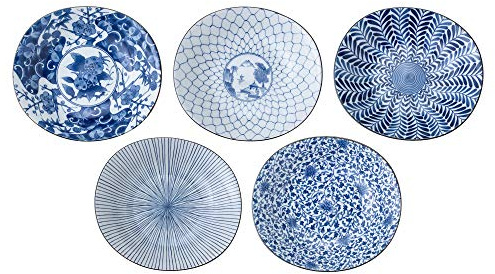 Traditional Japanese Hasami-yaki Porcelain Plates Set of 5 Made in Japan Sometsuke Indigo Blue 31302