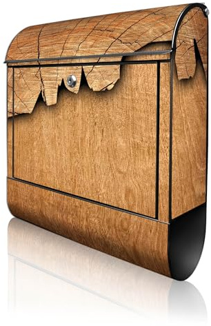 banjado Design Briefkasten 38,5x46,5x13cm & 2 Schlüssel - Briefkasten Stahl Schwarz mit Zeitungsfach pulverbeschichtet - Postkasten A4 Einwurf inkl. Montagematerial - Motiv Holz