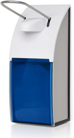 Blanc HYGIENIC FIX Armhebelspender Edelstahl, 500 ml, Blau-Transparent | 500-ml-Armhebelspender aus gebürstetem Edelstahl, Blau-Transparent, inkl. Leerflasche und Wandhalterung, abschließbar
