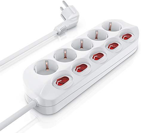 CSL - Steckdosenleiste 5 Fach schaltbar mit EIN Aus Schalter für Jede Dose - 5 Schutzkontaktsteckdosen - Mehrfachsteckdose - bis zu 3680 W - IP20 – 1,5 m Netzkabel - weiß