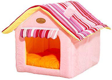 HONGBI Faltbare Katzenhaus,Schön Hundehütte Winter Hundehöhle Hundebett Tierbett Katzenbett Weich und Warm Katzenhöhle Haustier Haus mit Abnehmbarem Matratze Rosa L