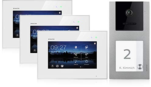 Balter EVO Video Türsprechanlage, Touchscreen, 7 Zoll Monitor, Smartphone App, 2-Draht Bus, Aufputz Türstation für 1 Familienhaus, 1 Türklingel, RFID Funktion (3 Monitore, Ohne App)