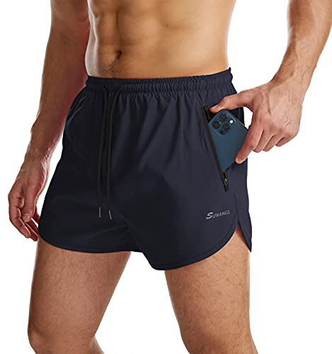 Suwangi Löparshorts för män, 2-i-1, snabbtorkande, träning, gym, fitness, träningsshorts med blixtlåsfickor, BLÅ, XL