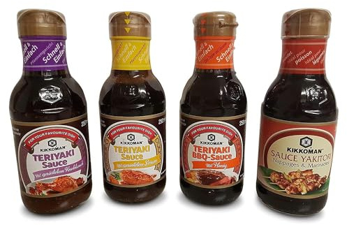 japanische Teriyaki Sauce, Marinade, Grillsaucen, Dippsaucen Dickflüssig, 4 x 250ml Glasflasche für Kikkomansaucen