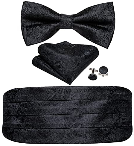 Barry.Wang Men Silk Paisley Cummerbund and Pre-tied Bowtie Handkerchief Cufflink Set for Tuxedo