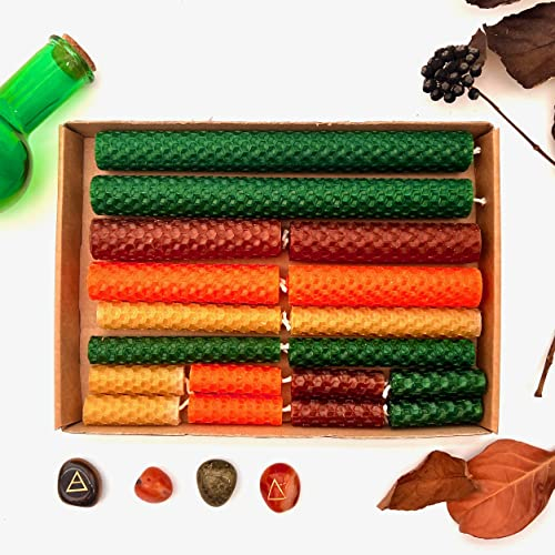 Mabon | 18 Stück Bienenwachs-Altarkerzen | A4 Mabon Guide | Rad des Jahres | geruchlos | handgerollt | Brenndauer 35 bis 160 Minuten (nur die Kerzen)