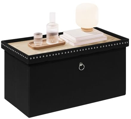 Bonlife Folding Ottoman Storage Bench,Foldable Seat with Tray,Large Footstool for Living Room,Black Linen Footrest Stool,80X40X40cm