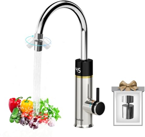 Briwellna durchlauferhitzer wasserhahn 220V elektrische wasserhahn 360 Grad Rotieren und Digitalanzeige,Warmwasserhahn mit Universelle Düse (Silber)