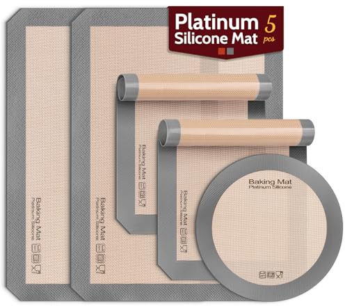 Silicone Baking Mat - Sopito Platinum Silicone - Non-Stick, Food Safe, Reusable Baking Sheet Liner, 5Pcs Set for Half Sheet Size Tray & Quarter Size Tray and 9'' Pizza pan, Grey