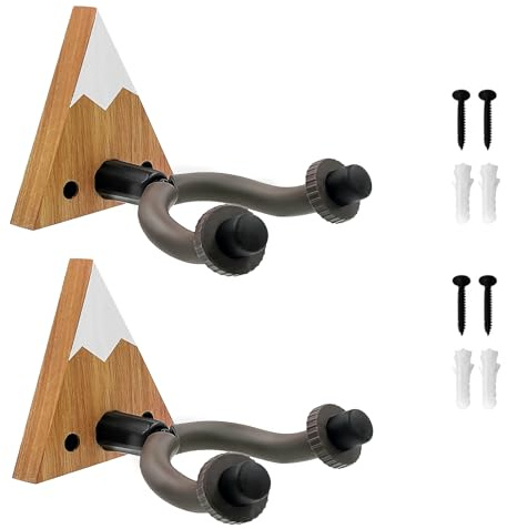 Daily Treasures 2er Set Gitarrenhalter für die Wand mit Bergmassiv-Holzsockel & Polsterung - Profi Wandhalterung für E-Gitarren, Akustikgitarren, Bass, Ukulele & Saiteninstrumente