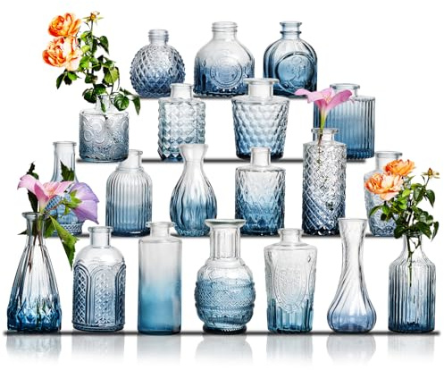 Glass Bud Vase Set of 20 - Small Vases for Flowers in Bulk - Assorted Vintage Crystal Vases for Flowers, Table Centerpieces (Blue, 20 Pcs)
