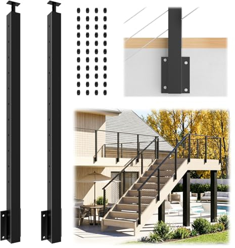 Gyykzz 2 Pack Side Mount Stair Cable Railing Post 36 (Post Body 44), Right Side Space-Saving Fascia Mount Deck Post for 36-38 Stair Railing, Black Stair Handrail Post for Indoor Outdoor Stairway
