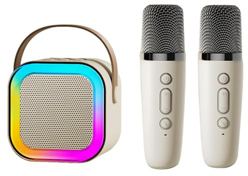 Karaoke Machines for Kids Adults, Mini Karaoke Machine with 2 Wireless Microphones, Portable Bluetooth Speaker with Voice Changing Effects & LED Lights for Boys and Girls (white)