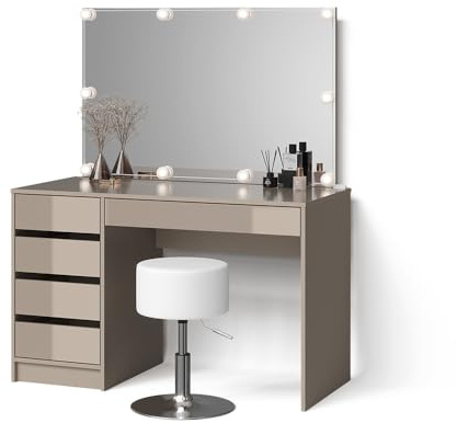 Livinity Schminktisch Imola, Greige, mit LED Beleuchtung und Hocker