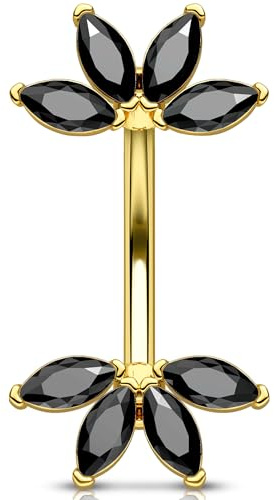 OUFER 14G Or Piercing Nombril Acier Chirurgical 316L Fleur Piercing de Ventre Noir Marquise CZ Anneau Nombril Belly Button Bar pour Femme 8 mm