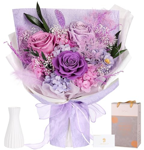 Preserved Bouquet of Flowers - 3 Roses & Flowers for Delivery, Long-Lasting Real Lavender Forever Flower, Eternal Roses Bouquet for Mothers, Wife Anniversary Birthday Valentine's Day Gifts for her