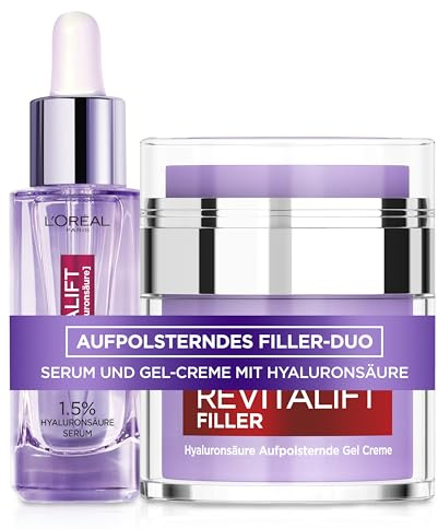 L'Oréal Paris Aufpolsterndes Filler-Duo: Anti-Falten Serum (30 ml) & Gel-Creme (50 ml) – Hyaluronsäure-Routine für prallere & jugendlich aussehende Haut, Revitalift Filler