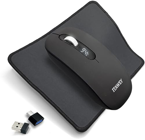 ITAWEY Bluetooth-Funkmaus und Mauspad Set | Intelligentes LCD-Akkudisplay, Tri-Mode (Dual BT 5.2 + 2.4G), Wiederaufladbar mit Stahl-Scrollrad, Leise Klicks, 3200 DPI