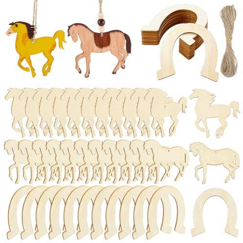 PH PandaHall 36pz Ciondoli a Forma di Cavallo in Legno Ciondoli a Ferro di Cavallo, 3 Stili Decorazione da Parete Rustica con 10m Cordino di Iuta per Camera da Letto Casa di Campagna