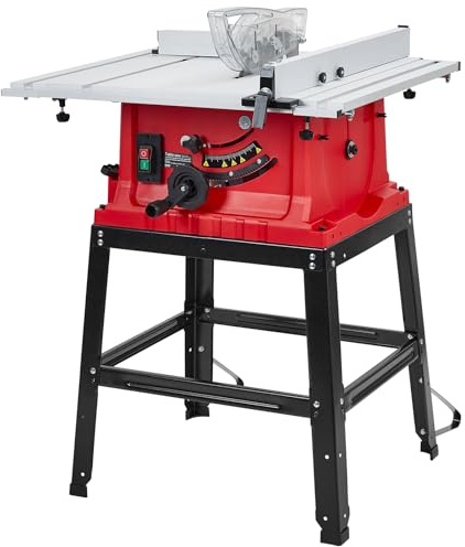 Table Saw, 10 Inch 15A Multifunctional Saw With Stand & Push Stick, 90° Cross Cut & 0-45° Bevel Cut, 5000RPM, Adjustable Blade Height for Woodworking, Red