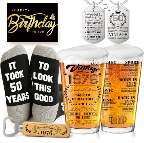 Joybble 50th Birthday Gifts for Men, 1976 Birthday Decorations Beer Glass in Vintage Box, Valentine's Day Gift Beer Glasses Gift Ideas, Presents for Men, Personalised Beer Glass Sets for 50 Year Old