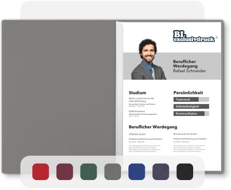 5 Stück zweiteilige Bewerbungsmappen BL-exclusivdruck® BL in Steingrau - Premium-Qualität mit edler Relief-Prägung 'Bewerbung' - Produkt-Design von 'Mario Lemani'