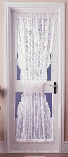 The Textile House Andrea Lace Net Curtain Door Panel in White - 54 Wide x 72 Drop - Free Tieback
