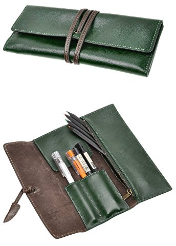 ZLYC Federmappe zum Zusammenrollen, weiches Leder, Handarbeit, für Schreibwaren, tolles Geschenk S(3.3 * 0.4 * 7.8) grün