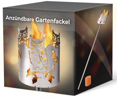 Gartenfackel für draußen Motiv Eule 1x Brennelement - Holzspäne mit Wachs - Schwedenfackel Pelletfackel Feuersäule Flammschalen Wachsfackel Gartenleuchte