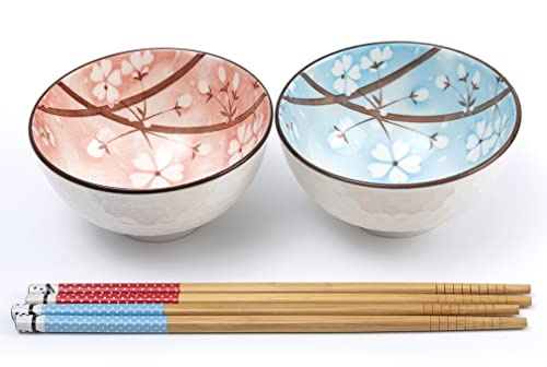 lachineuse - Set mit 2 japanischen Reisschalen – Design Zen Kirschblüten – Duo Rosa und Blau – begleitet mit 2 Paar Essstäbchen – Vergnügen Gourmand – japanische Dekoration – Geschenkidee Japan Asien