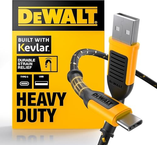 DEWALT Heavy Duty USB-A to USB-C Cable, Jobsite Fast Charging Cord for iPhone 17/16 Pro Max, MacBook, iPad, Samsung Galaxy, High Speed USB 2.0 Type C Cable, 10ft Black