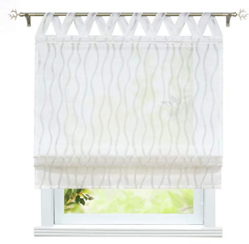 ESLIR Weiß Raffrollo mit Schlaufen Halbtransparente Raffgardine Landhaus Schlaufenrollo Küche Gardinen mit Wellenblume BxH 120x140cm1 Stück