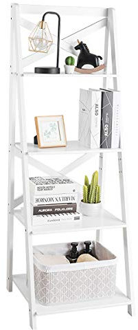 COSTWAY 4-Tiers Ladder Shelf, Modern Leaning Bookcase Plant Flower Stand, Home Office Storage Unit Organiser Display Rack for Living Room Bedroom (White)