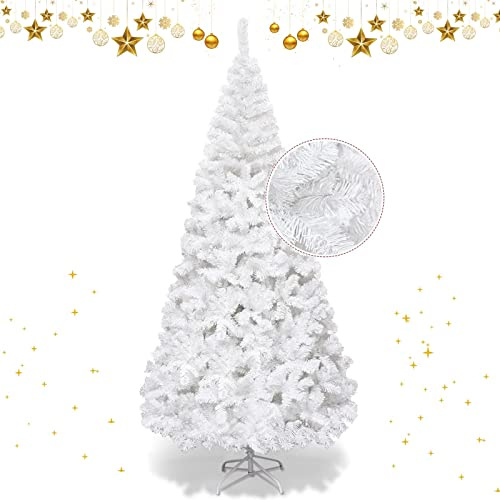 GYMAX Albero di Natale Artificiale 240 cm, 1138 Rami Folti in PVC, Base in Metallo di 50 cm, Divisibile da Trasporto e Montaggio Facile, Albero Natalizio Ideale per Casa/Ufficio/Negozio, Bianco