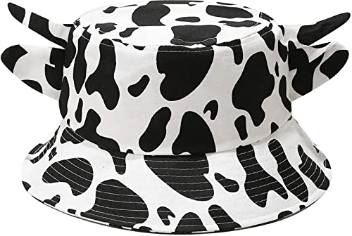 XYIYI ​Cow Print Bucket Hat with Cute Horns Ears Beach Sun Hat Fisherman Hats Outdoor Cap for Women Teen Girls