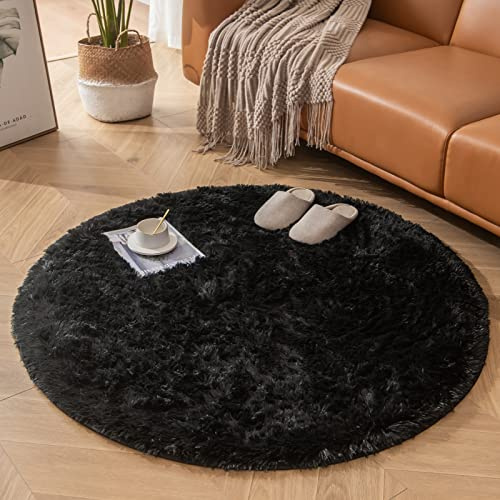CHOSHOME Alfombras Salón Redonda Pelo Largo Alfombra Habitación Dormitorio Lavables Alfombra Antideslizante Muy Suave para salón o Dormitorio, Alfombra esponjosa de Cama (120cm,Negro)