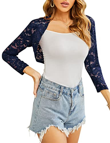 KOJOOIN Elegante Coprispalle in Pizzo Bolero da Donna Cardigan Corto Festivo Cardigan Shrug Maniche Corta/Lungo per Abito da Cocktail da Sposa Blu marino2 XL