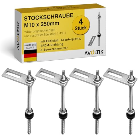 Avoltik Stockschrauben Edelstahl M10 x 250 mm mit Adapterblech I 4 Stück I wetterfeste M10 Stockschrauben mit Dichtung & Sperrzahnmutter
