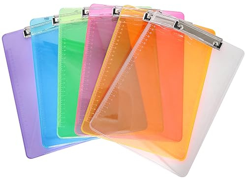Klemmbrett aus transparentem Kunststoff mit gummierter Metallklemme, farbige Klemmbretter, langlebig, sortierte Papierhalter, Schreiben, Memo, Dokumente, Formular, Klemmbrett, Lineal, Kanten-Design, 6