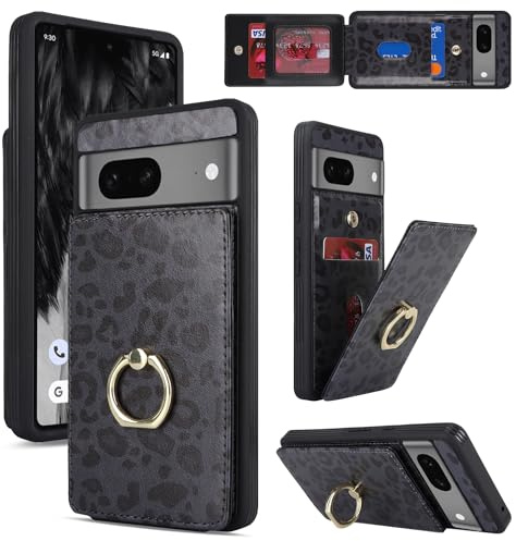 Cavor Google Pixel 7 Case With Card Holder,Flip Folio Leather Wallet Case,Magnetic Ring Kickstand Shockproof Cover Phone Case for Google Pixel 7 - Black Leopard