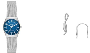 Skagen Damenuhr Grenen Lille Solar und Ohrringe Essential Waves, silberfarbener Edelstahl, Set