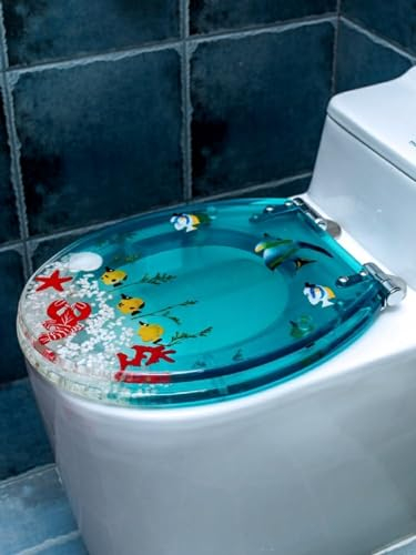 Toilettendeckel Mit Absenkautomatik Lila, Blau, Weiß, Klodeckel, Verdicken WC Sitz, Klobrille 3D-effekt Delfine, Seesterne, Echte Muscheln Und Sand, Schnelle Demontage, Einfach Zu Montieren (I)